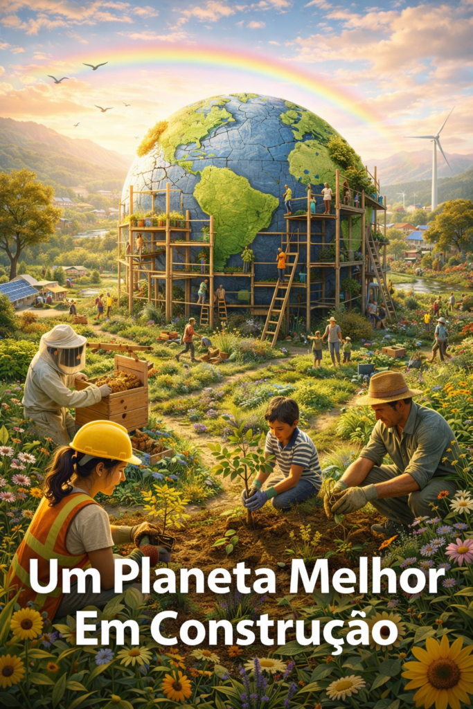 imagem mostra pessoas de todas as idades, homens e mulheres construindo metaforicamente o planeta Terra