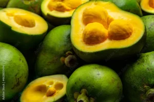 frutos de pequi abertos mostrando 3 sementes cada um