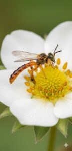 imagem gerada IA mostrando uma jataí em uma flor de morangueiro