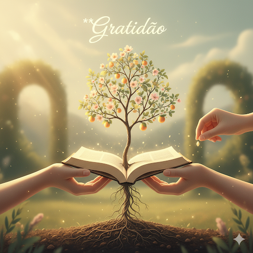 imagem mostra uma árvores central saindo de um livro aberto com mãos segurando o livro
