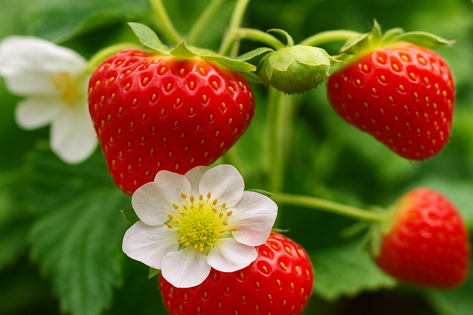 imagem mostra morangos vermelhos maduros e uma flor branca aberta