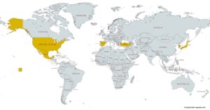 mapa mundi destacando em cor dourada os paises: EStados Unidos da América, México, Espanha, Turquia, Coreia do Sul e Japão