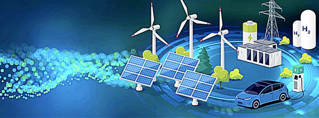 Painéis solares, parque eólico, hidrogênio 