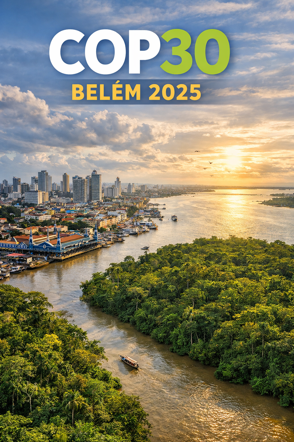 imagem por IA da cidade de Belém do Pará ao fundo e rio e floresta amazonica em primeiro plano