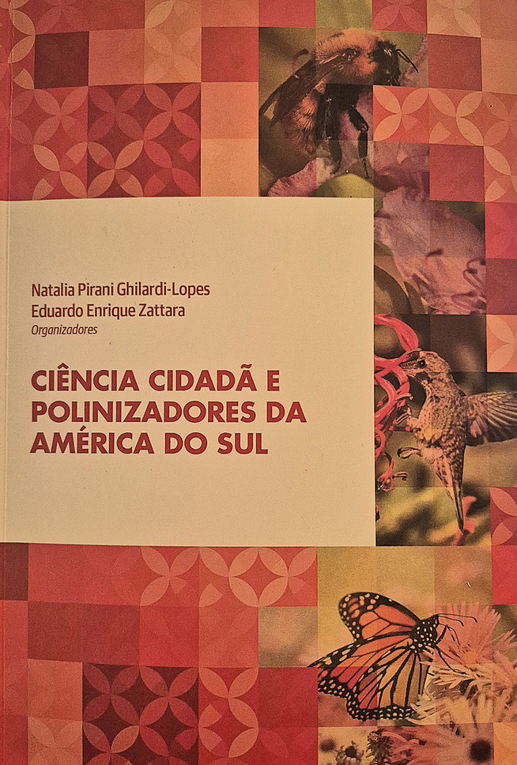 Capa do livro “Ciência Cidadã e Polinizadores da América do Sul”, com imagens de abelha, beija-flor e borboleta representando a diversidade de polinizadores.