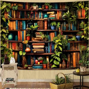 estante cheia de livros e plantas