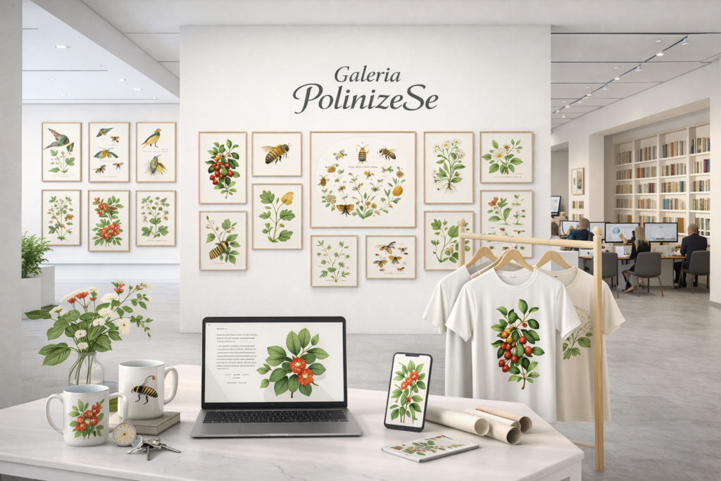 espaços com pranchas botanicas, computadores, vasos e camisetas com pranchas botanicas