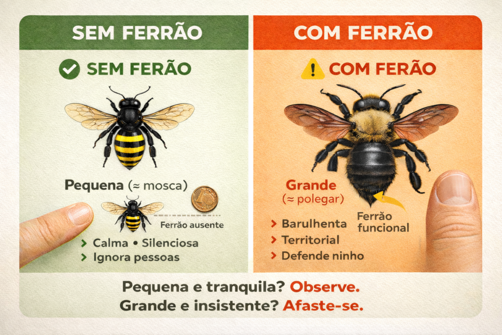card com diferença entre abelha com ferrão à direita, e sem ferrão, à esquerda