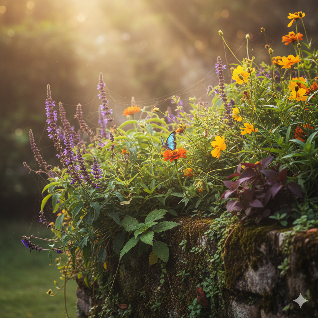 Plantas de lavandas e margaridas com borboletas