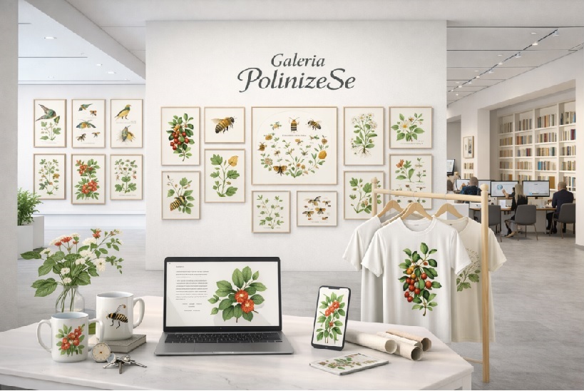 paredes brancas com quadros de plantas e uma mesa com toalha branca om laptop e celular mostrando uma flor vermelha