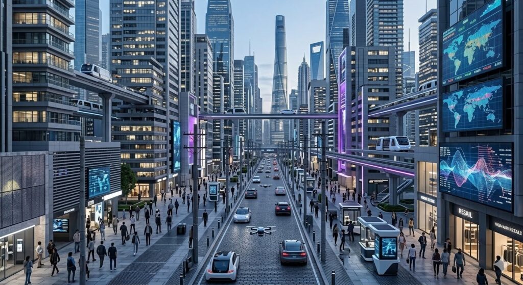 cidade verticalizada, repleta de carros, arranha-céus