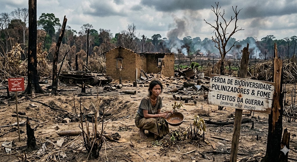 mostra cenário de guerra e uma criança com a tigela vazia. Uma placa dizendo perda dos polinizadores e da comida