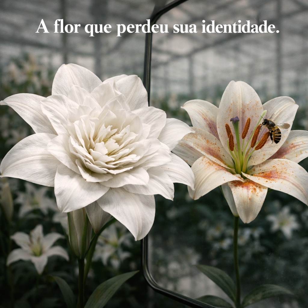 NA imagem vemos uma flor refletindo sua imagem no espelho. A da esquerda é uma flor adulterada pela tecnologia e a da direita como é na natureza, com uma abelha visitando