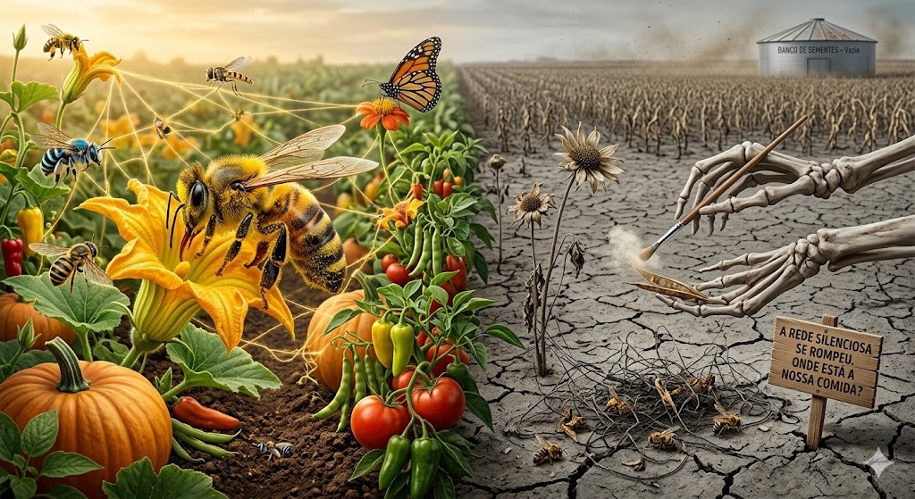 a imagem é dividida em duas partes. A esquerda um campo cheio de polinizadores. No outro a aridez, destruição e morte