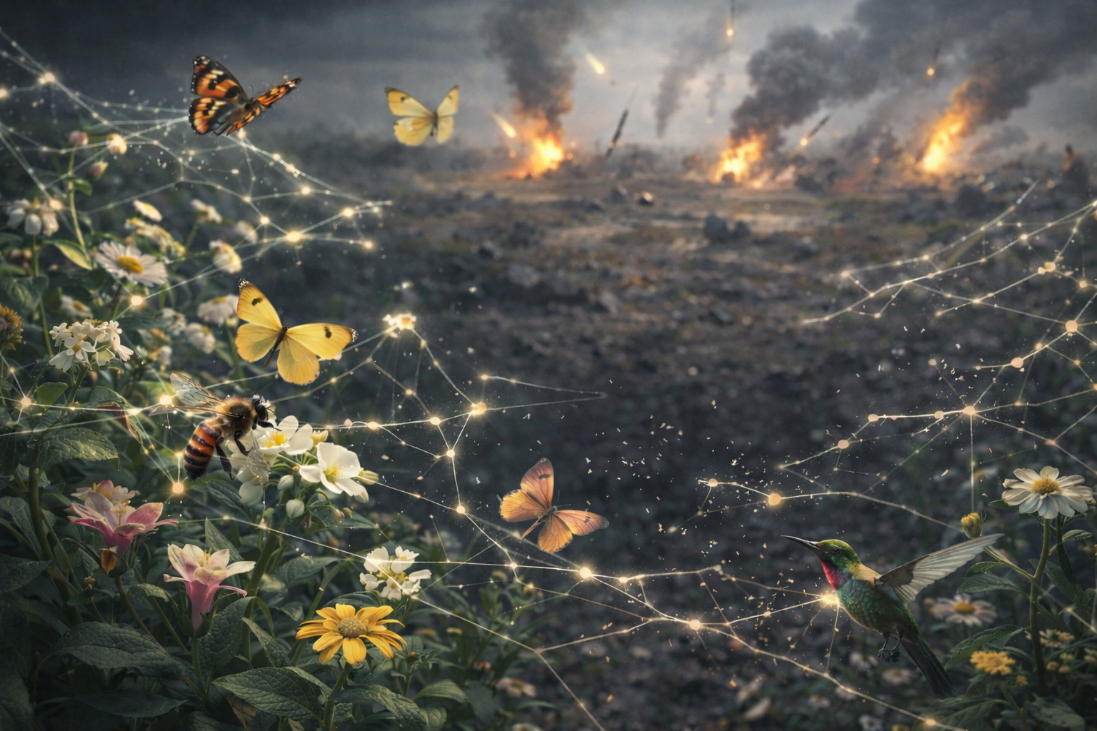 nessa imagem vemos ao fundo focos de chamas, mísseis. No meio um campo seco, árido e em primeiro plano polinizadores