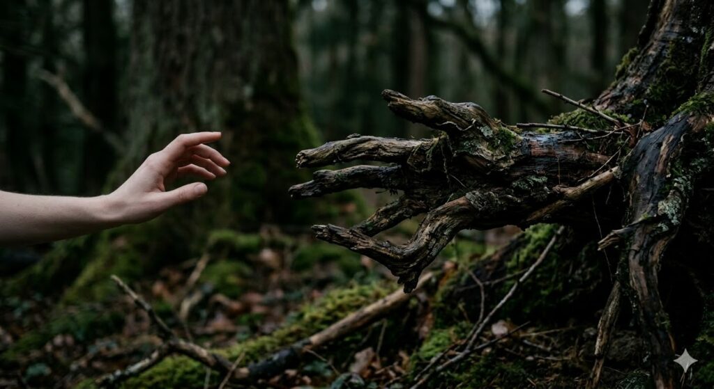 uma mão humana se soltando de uma árvore