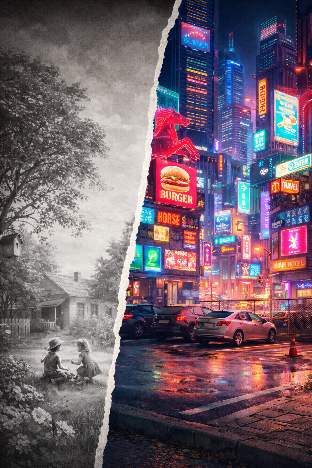 imagem cortada ao meio. do lado esquerdo uma vida ligada à natureza, em preto e branco e do direito uma cidade repleta de luz artifical e banners coloridos