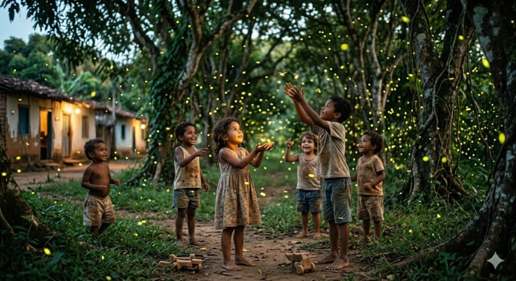 nessa imagem vemos crianças de pé no chão, em meio a árvores frutíferas se encantando com muitos vagalumes, a noitinha