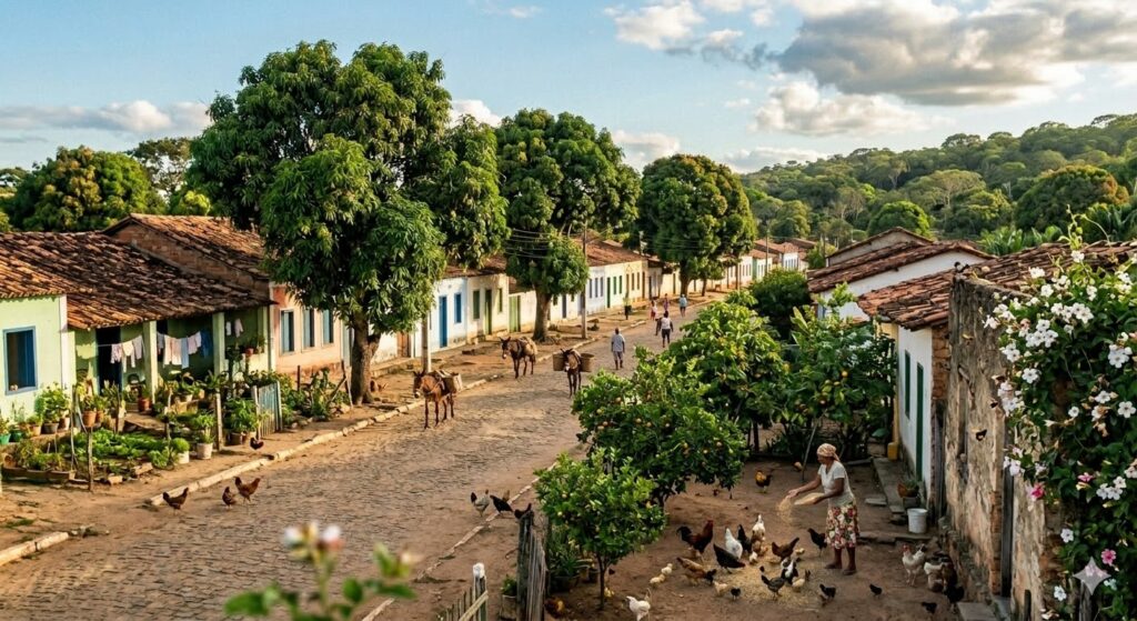vilarejo mostrando casinhas, mulher dando milho para galinhas e animais nas ruas de terra