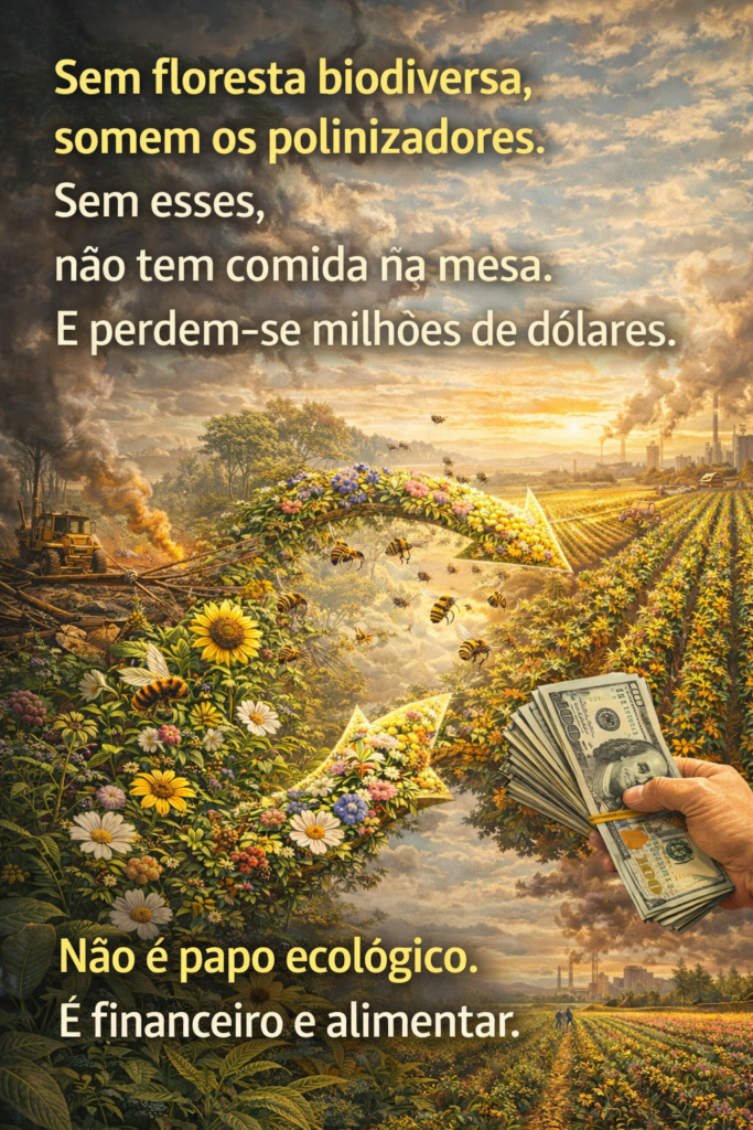 mostra dinheiro num primeiro plano e fluxo de polinizadores de uma floresta de um lado para um campo agrícola do outro