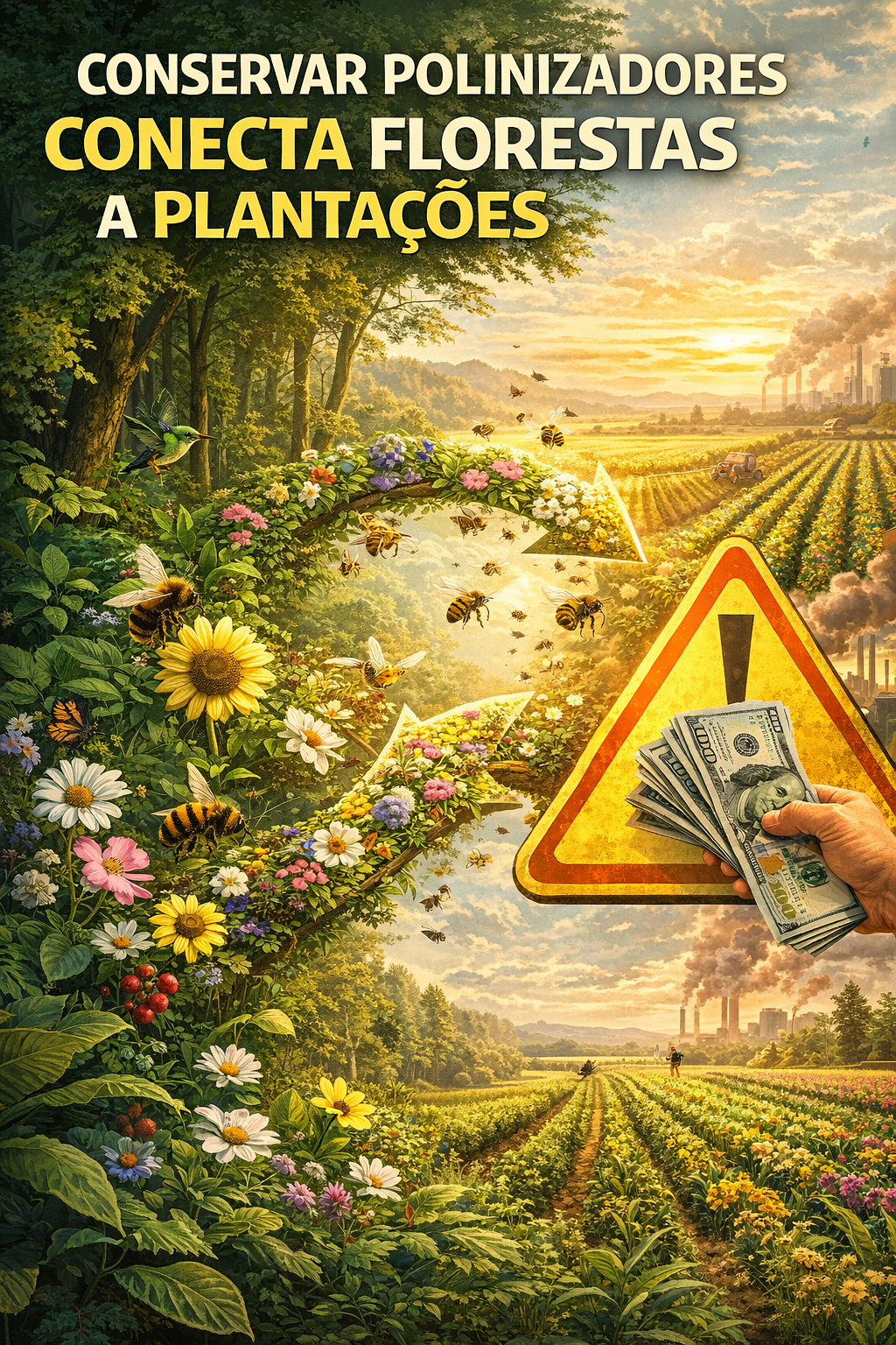 figura mostra um triangulo amarelo de sinalização de atenção e de um lado floresta com flores e do outro um campo de cultivo. Entre eles uma mão segurando dólares