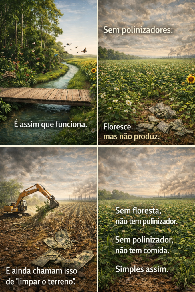 imagem dividida em 4 mostrando cenários de destruição de florestas e impacto sobre culturas de alimentos